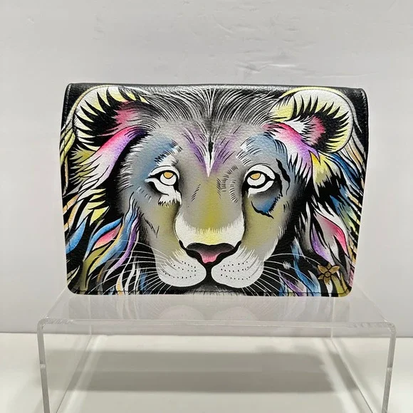 Anuschka Hand Painted Leather Lion Crossbody Wallet Clutch Artisan Black Multi - Picture 1 of 14